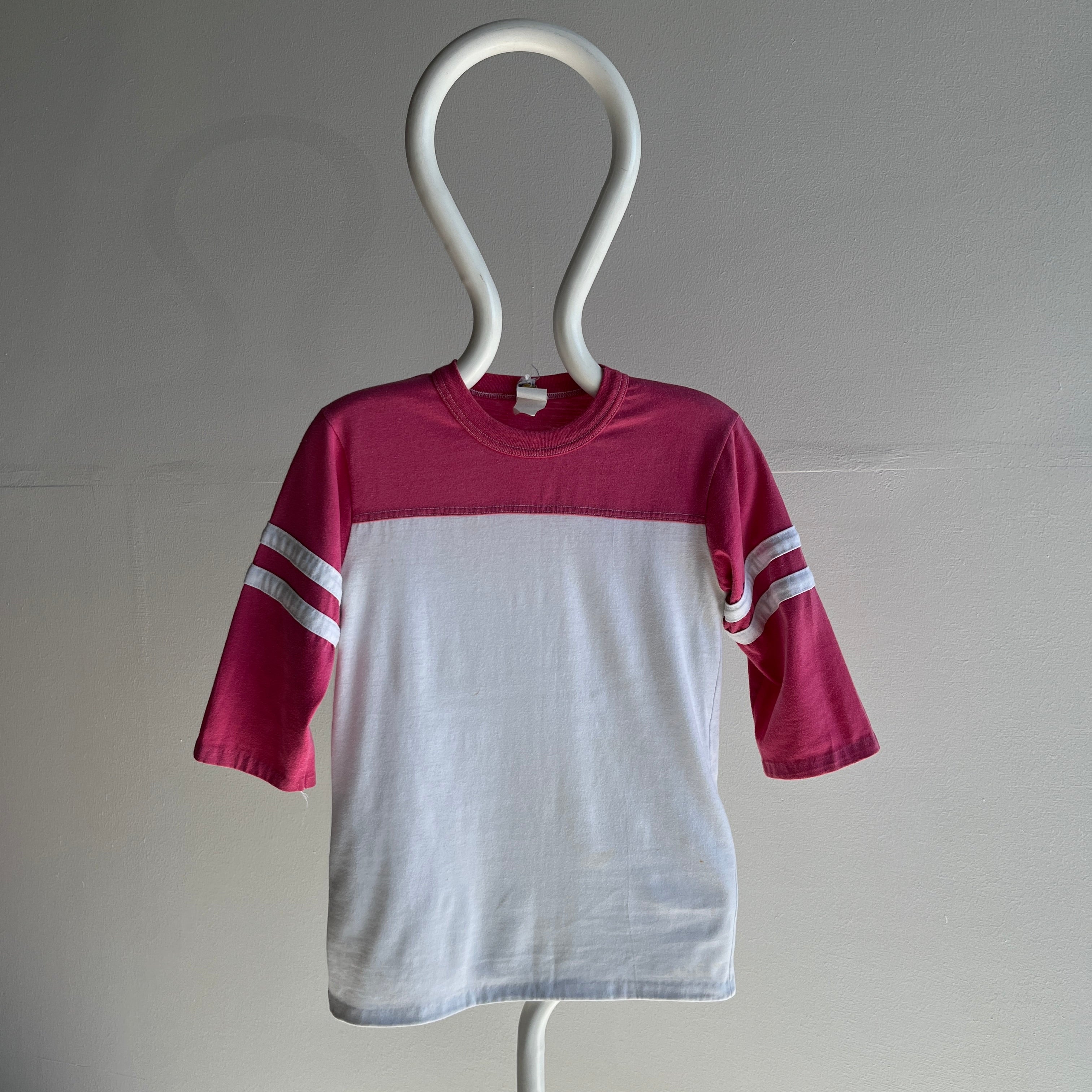 1980s Pink and White Football Style Fitted T-Shirt