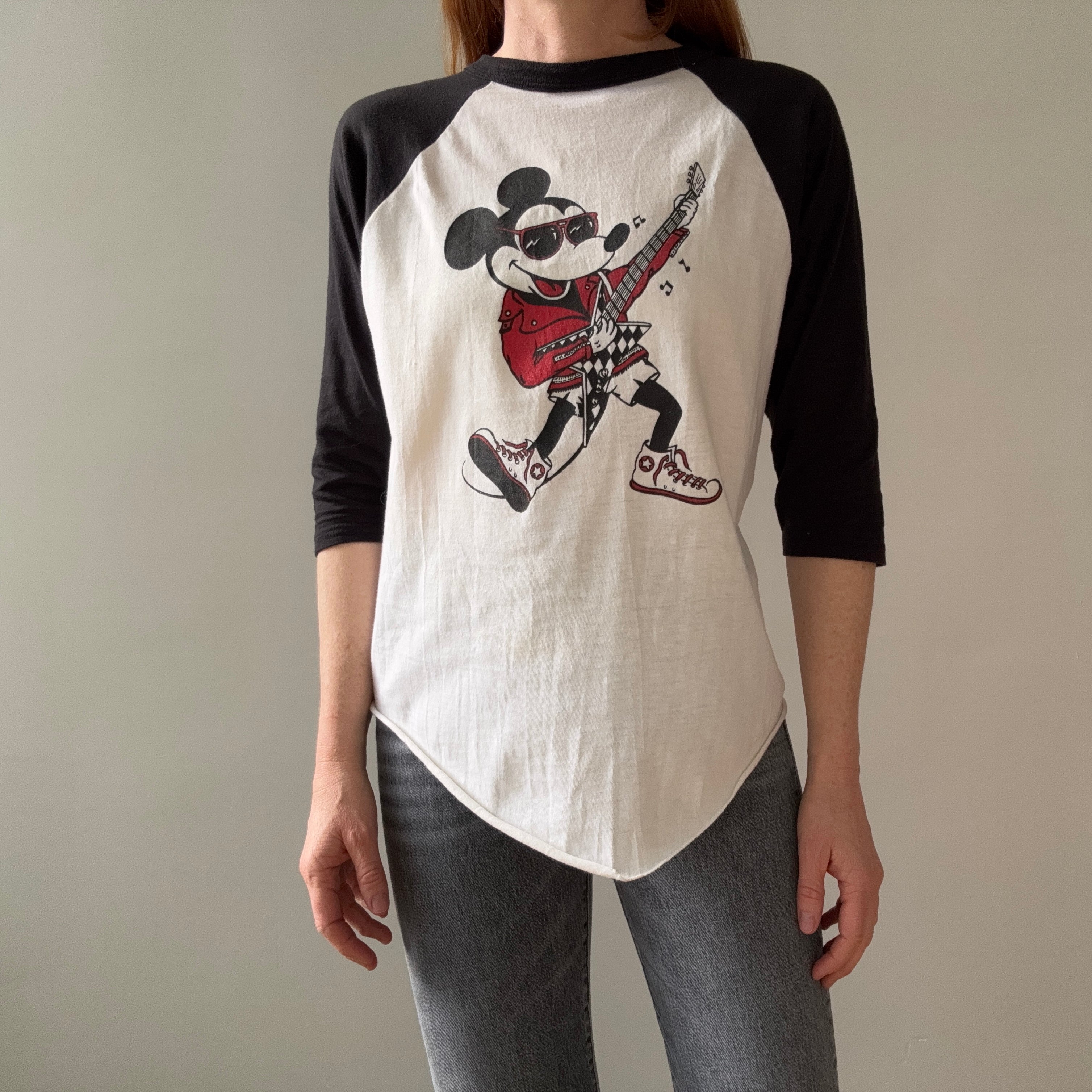 1980s (Early) Mickey Mouse Rocking Out in High Tops and a Leather Jacket Baseball T-Shirt