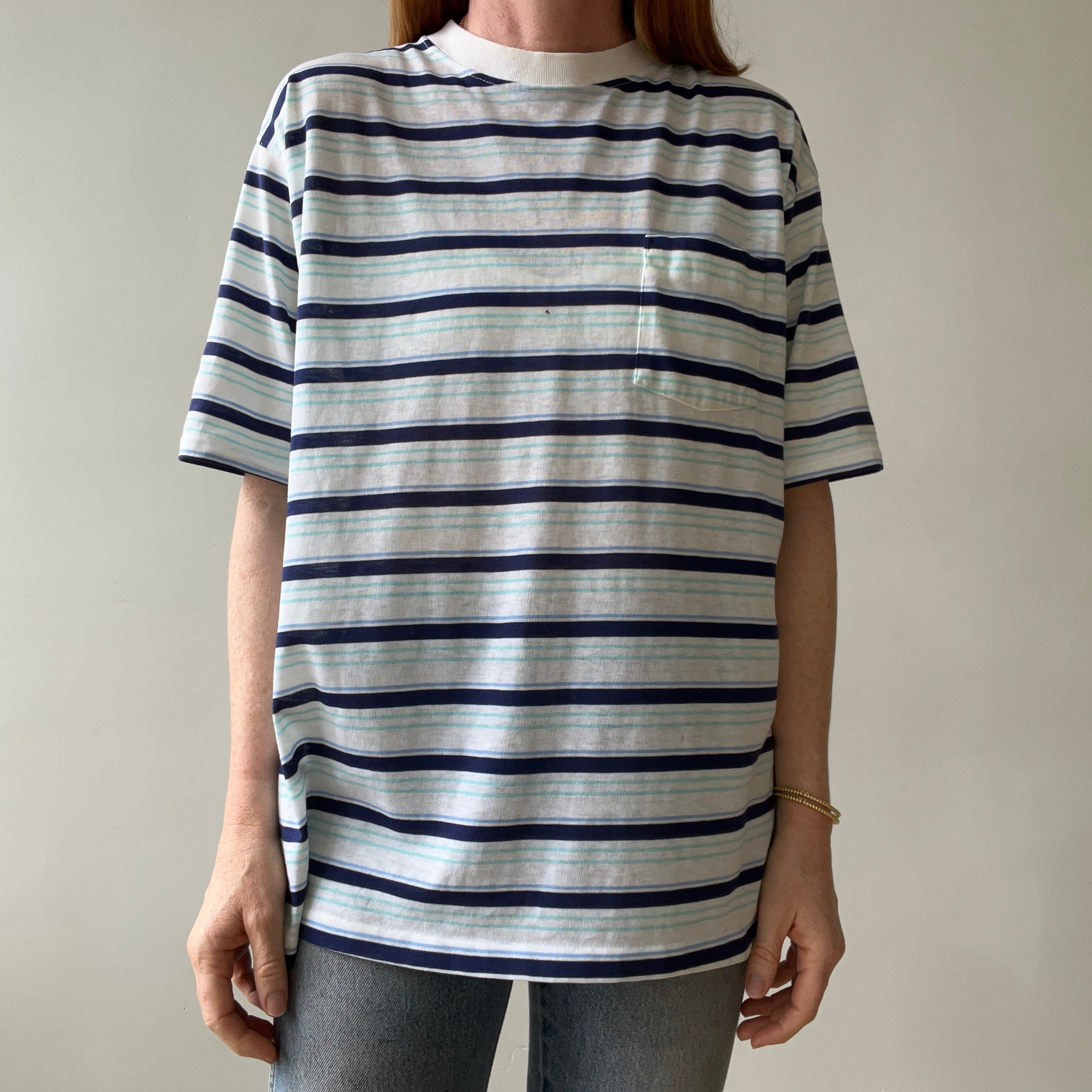 1970s/80s Blue Striped Pocket T Shirt