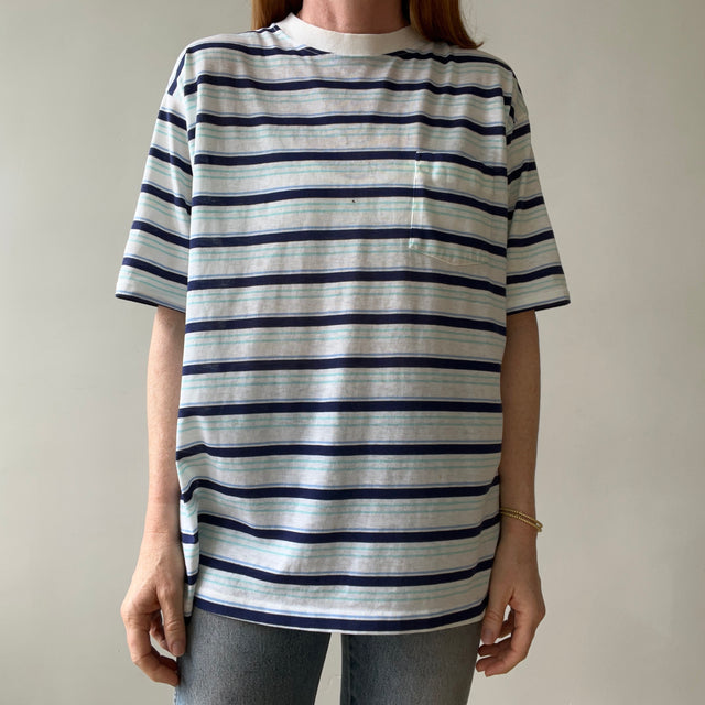 1970s/80s Blue Striped Pocket T Shirt