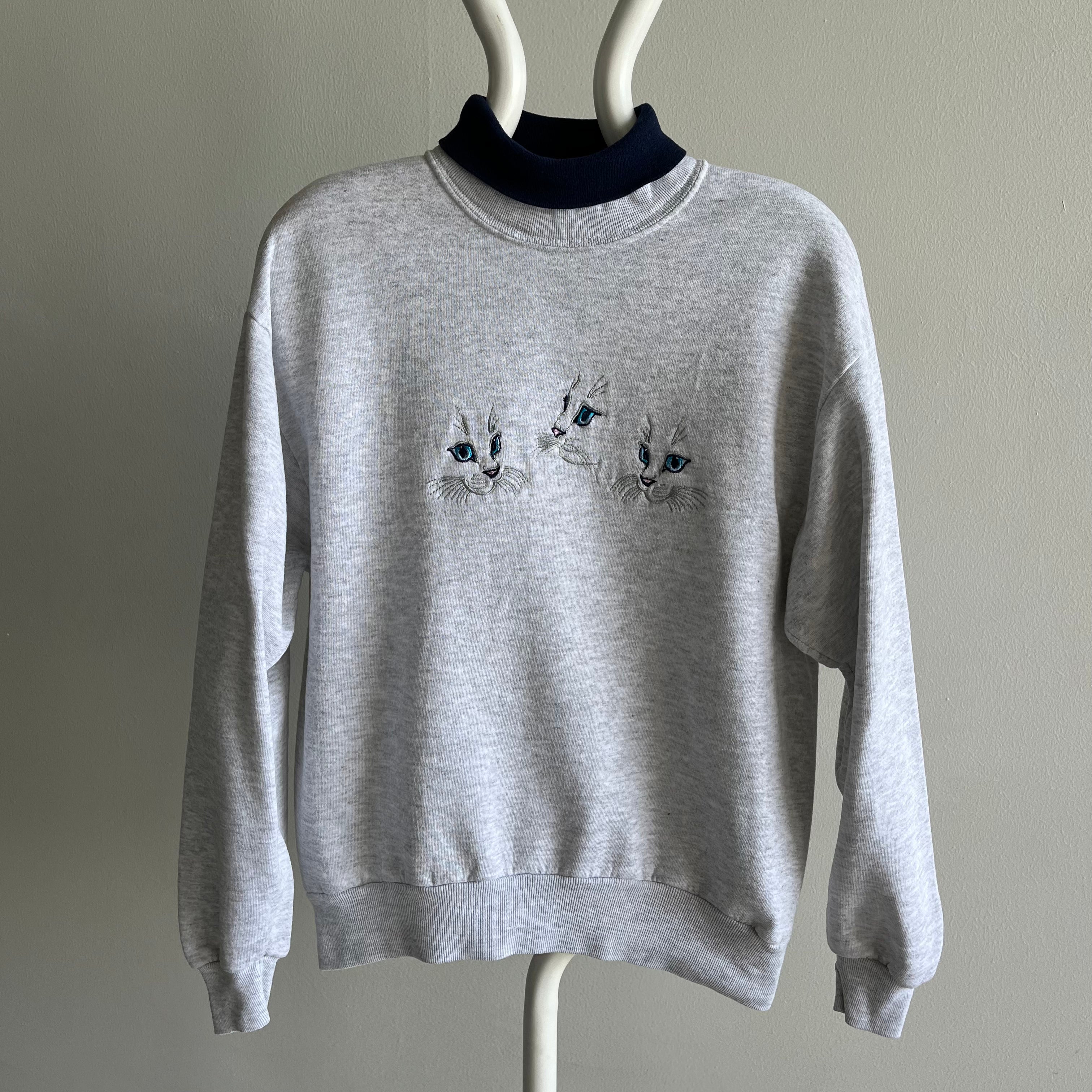 1980s Angelic Cat Person Sweatshirt with Builtin Turtleneck