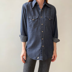 1970s Big Smith Slouchy Denim Cowboy Snap Front Shirt with Amber Colored Snaps and WOW Collar Points