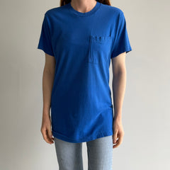 1980s Blank Dodger Blue Pocket T-Shirt by FOTL - Single Stitch