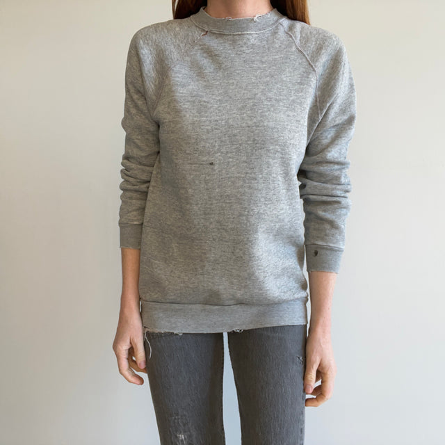 1980s Perfectly Tattered Split Collared Blank Gray Stained Sweatshirt