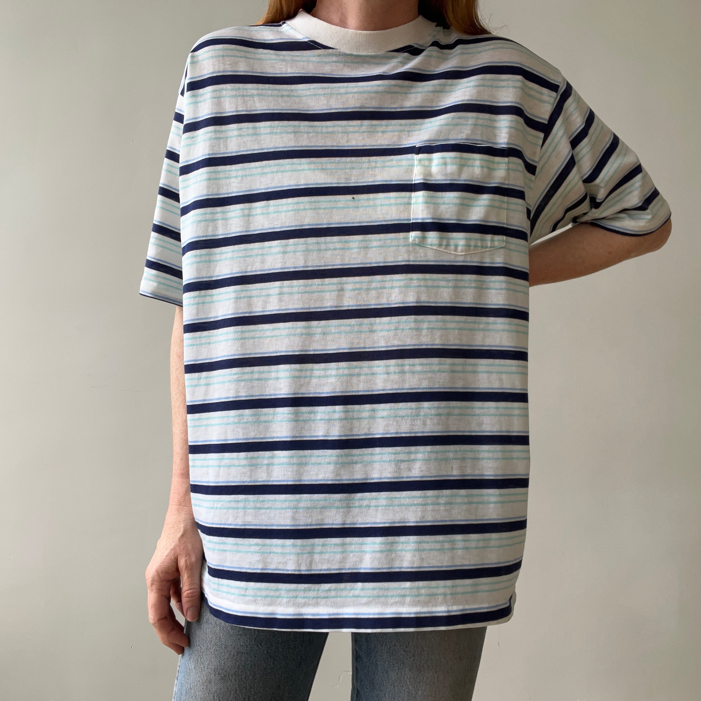 1970s/80s Blue Striped Pocket T Shirt
