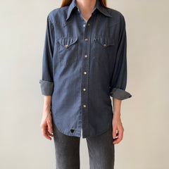 1970s Big Smith Slouchy Denim Cowboy Snap Front Shirt with Amber Colored Snaps and WOW Collar Points