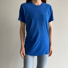 1980s Blank Dodger Blue Pocket T-Shirt by FOTL - Single Stitch