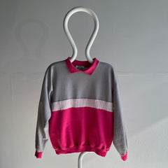 1980s Pink and Gray Color Block Polo Sweatshirt