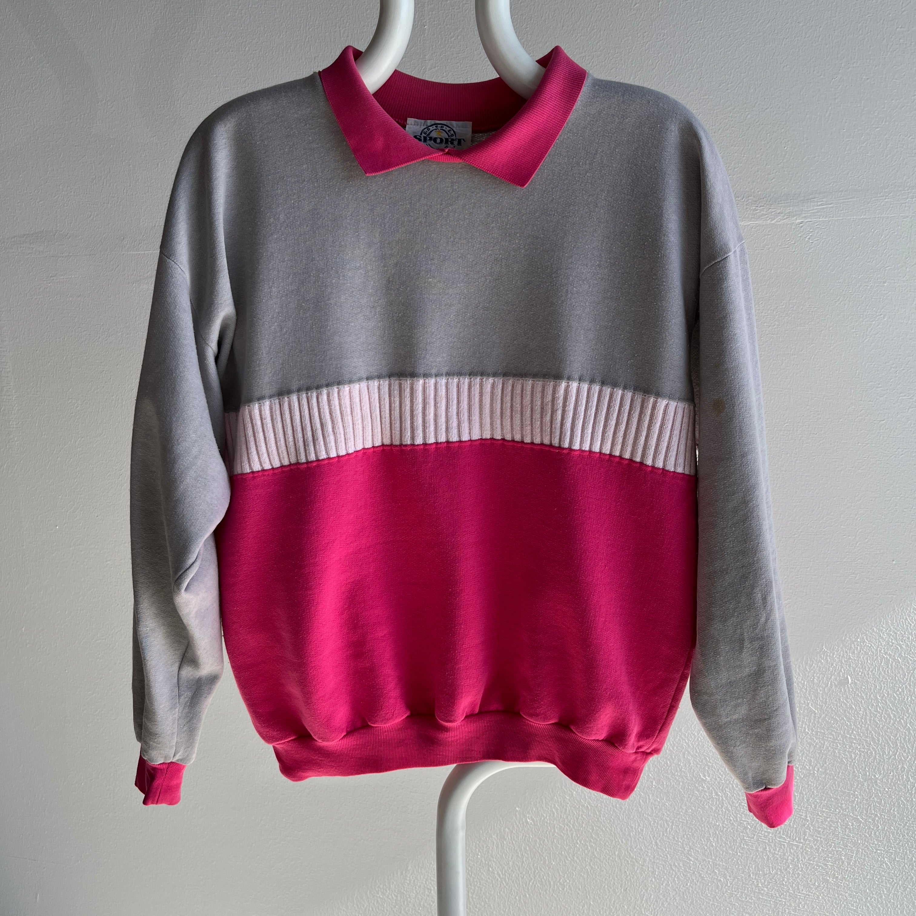 1980s Pink and Gray Color Block Polo Sweatshirt