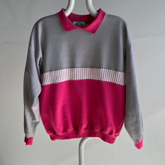 1980s Pink and Gray Color Block Polo Sweatshirt