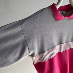 1980s Pink and Gray Color Block Polo Sweatshirt