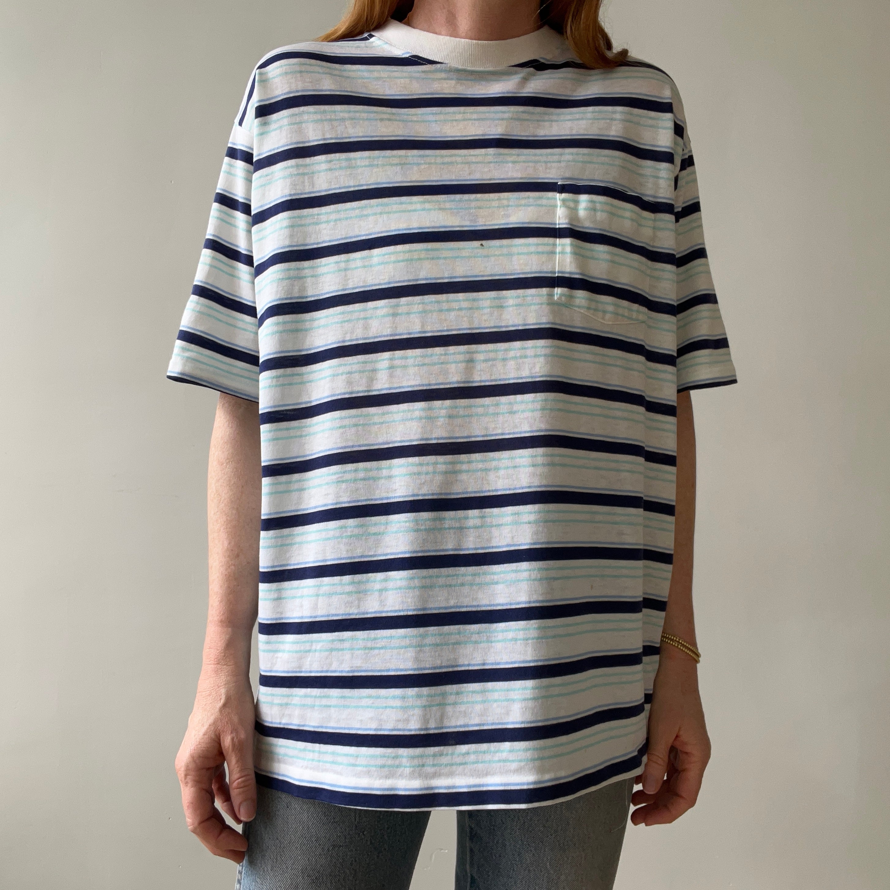 1970s/80s Blue Striped Pocket T Shirt