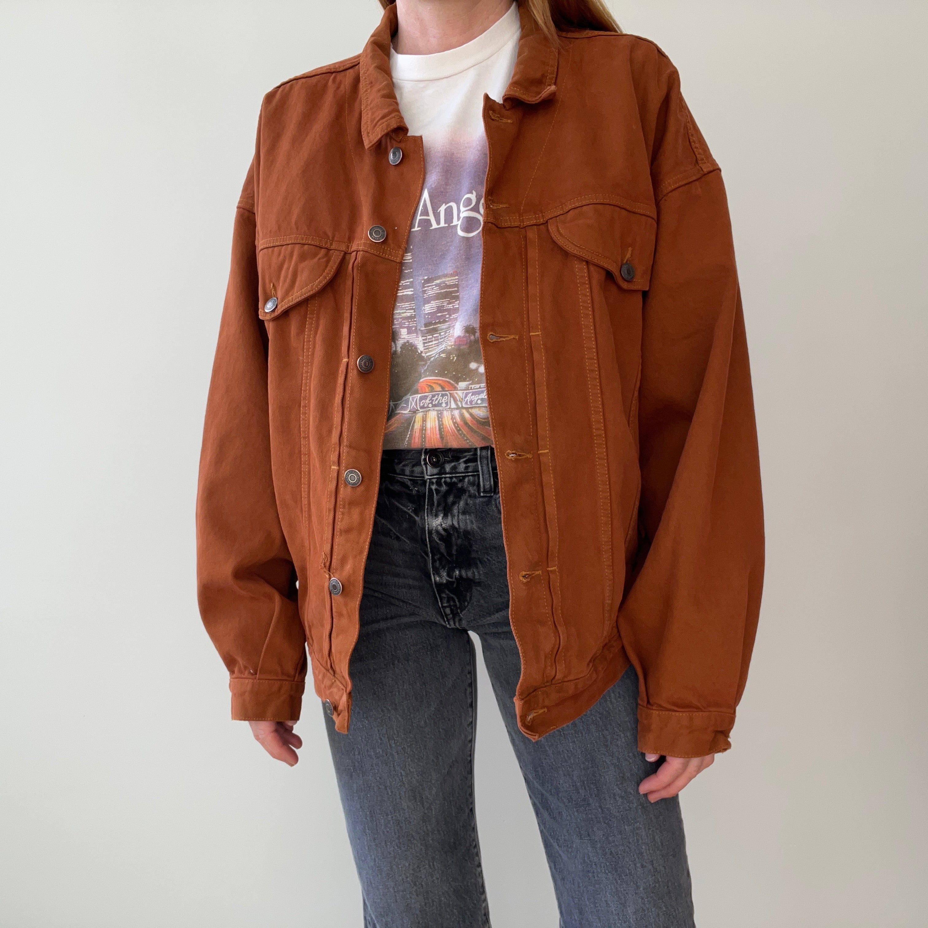 1990s Jordache Rusty Terracotta Over Dyed Jordache Denim Jean Jacket