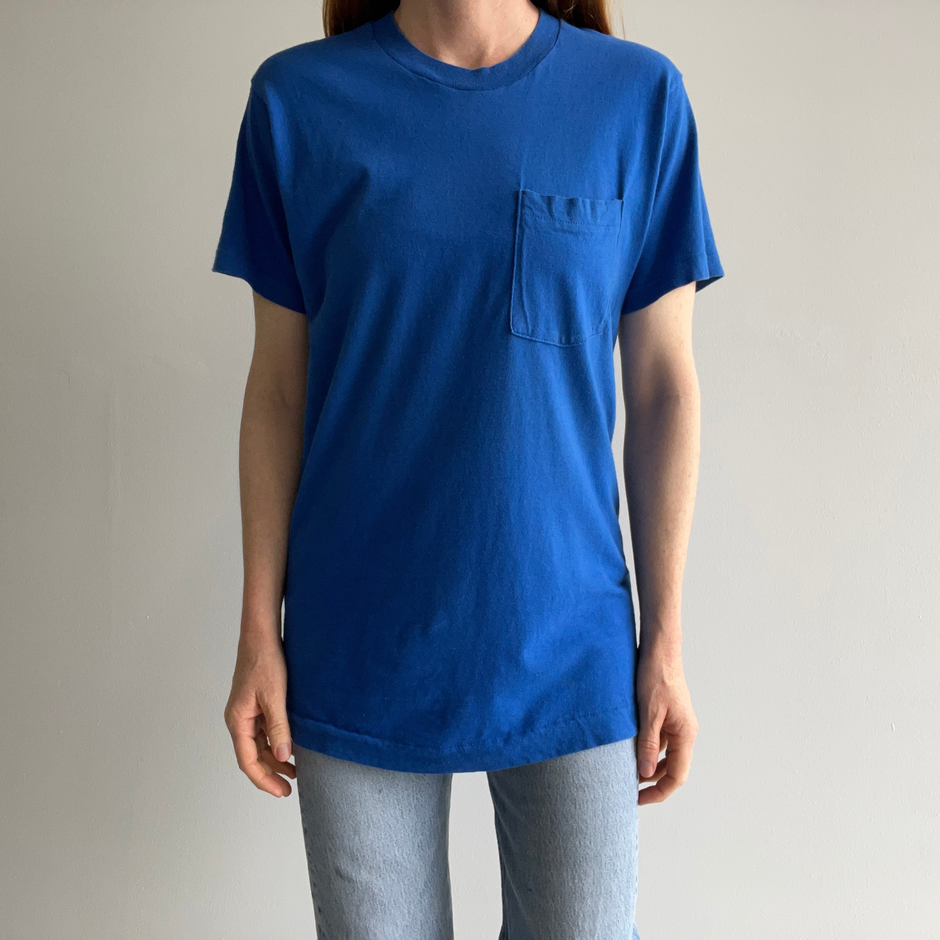 1980s Blank Dodger Blue Pocket T-Shirt by FOTL - Single Stitch