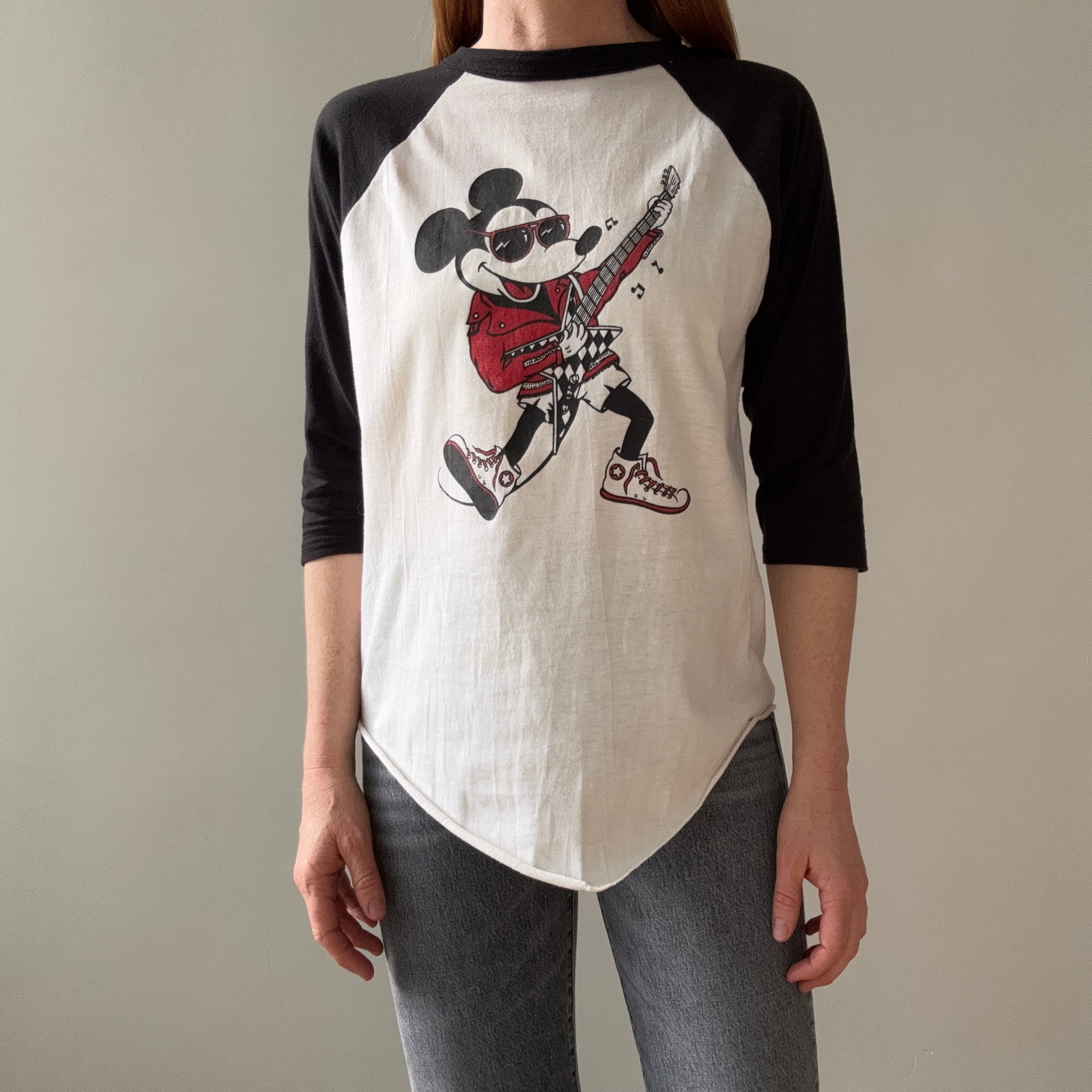 1980s (Early) Mickey Mouse Rocking Out in High Tops and a Leather Jacket Baseball T-Shirt