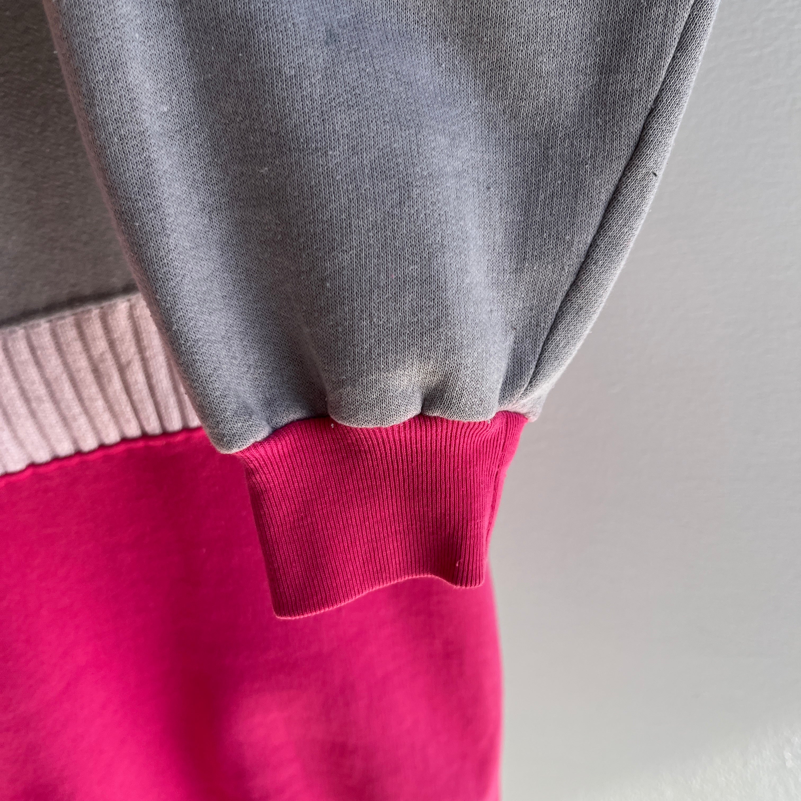 1980s Pink and Gray Color Block Polo Sweatshirt