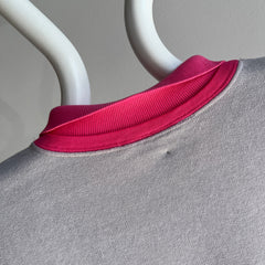 1980s Pink and Gray Color Block Polo Sweatshirt