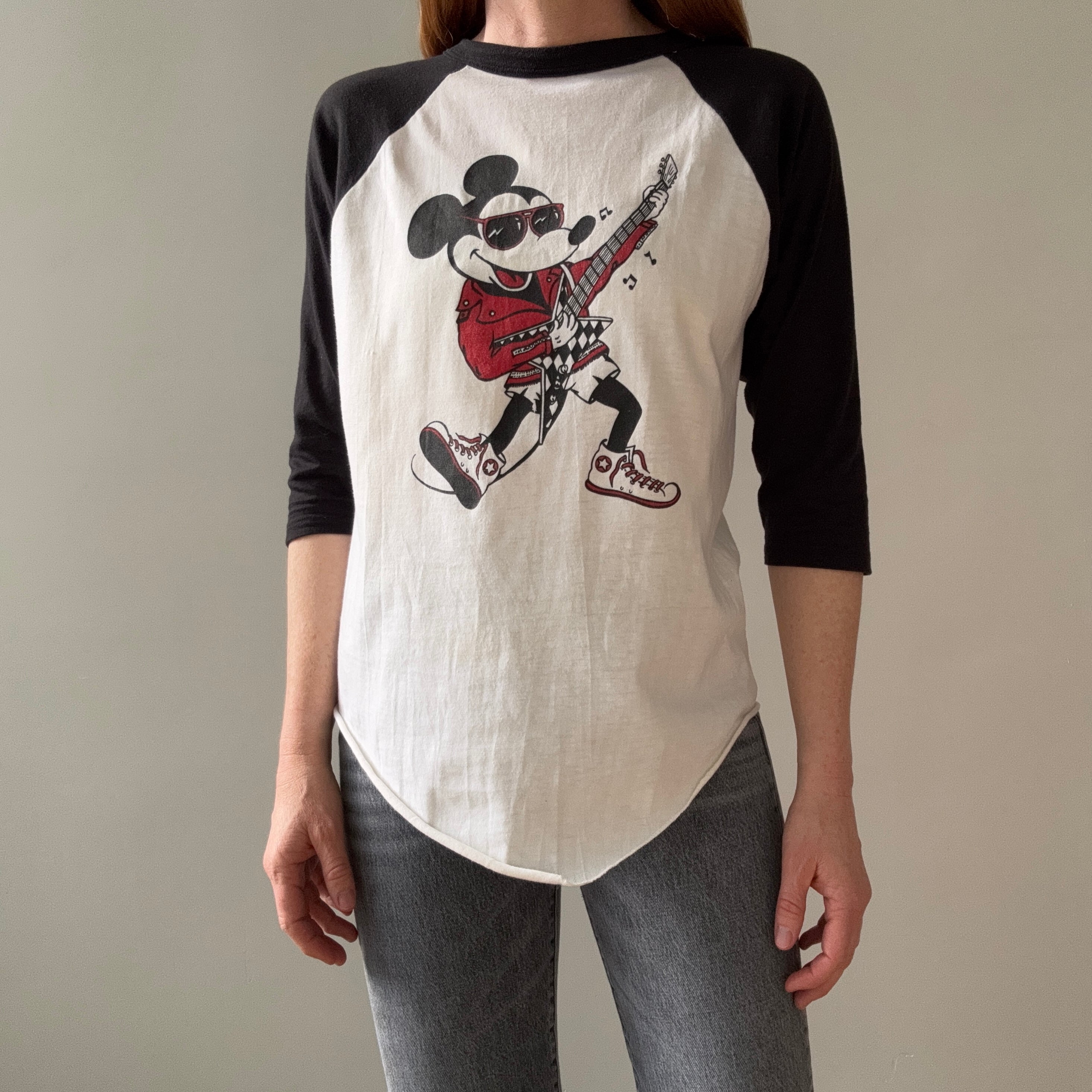 1980s (Early) Mickey Mouse Rocking Out in High Tops and a Leather Jacket Baseball T-Shirt