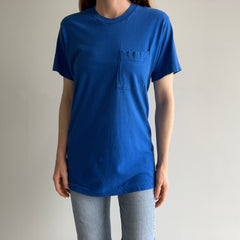1980s Blank Dodger Blue Pocket T-Shirt by FOTL - Single Stitch