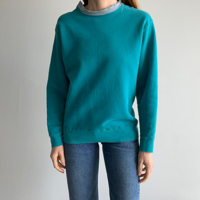 1980s Two Tone Heavy Weight Teal Sweatshirt with Completely Tattered Gray Collar - THIS