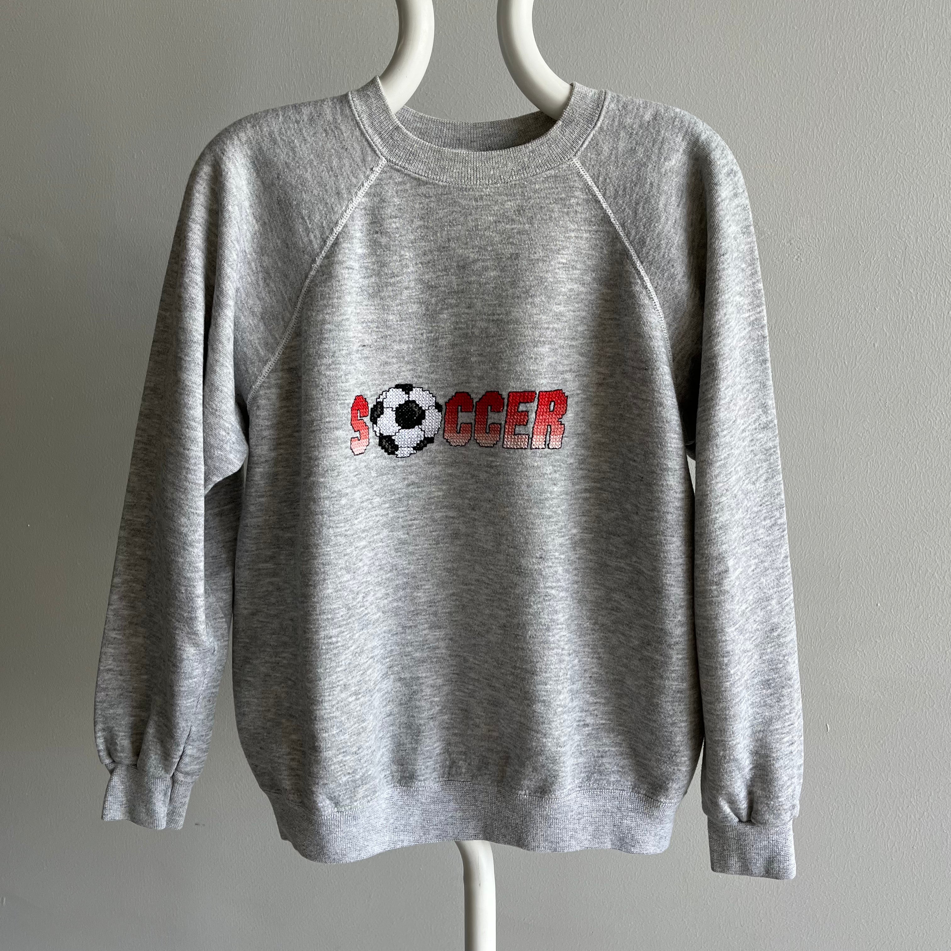 1980s DIY Needlepoint Soccer Sweatshirt by Hanes