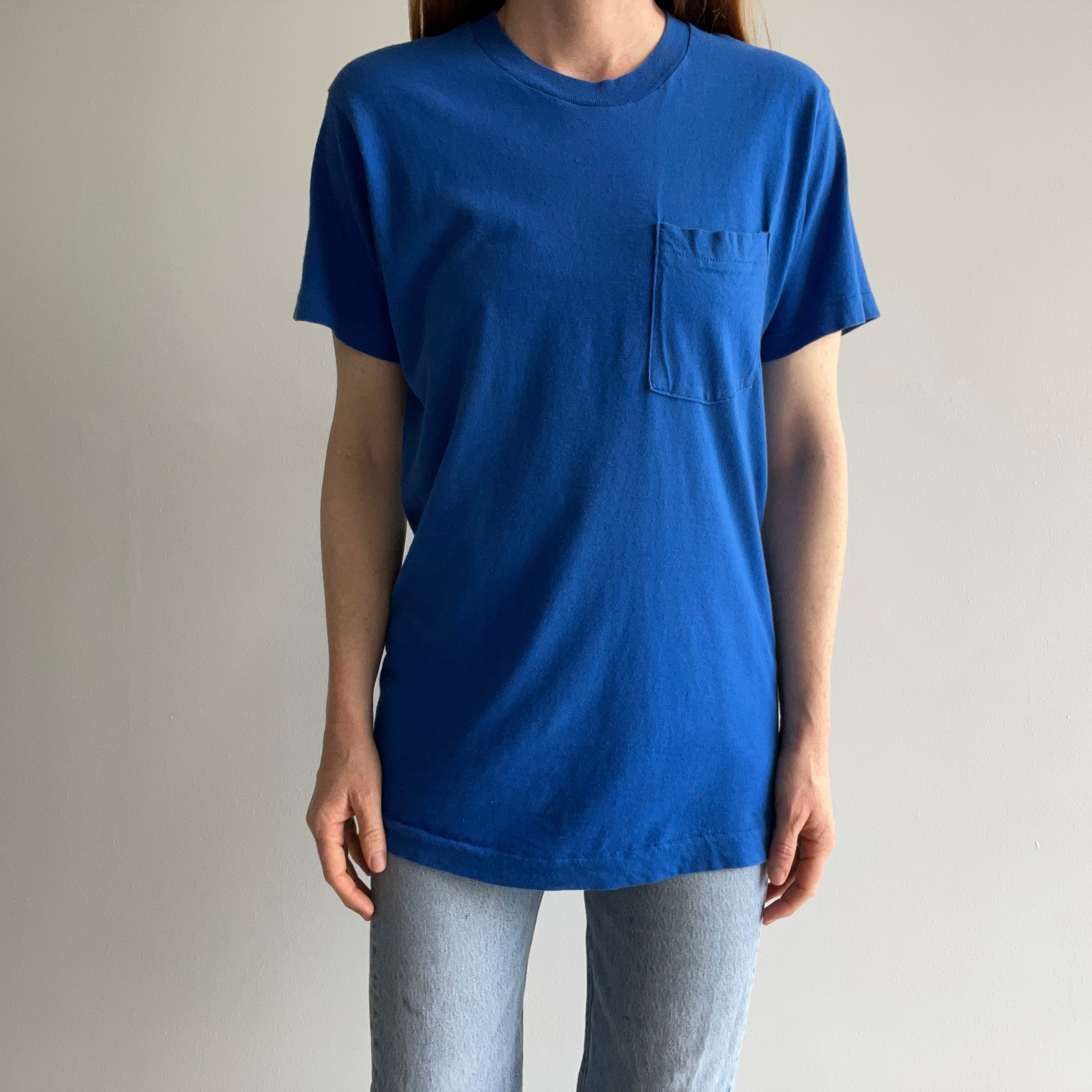 1980s Blank Dodger Blue Pocket T-Shirt by FOTL - Single Stitch