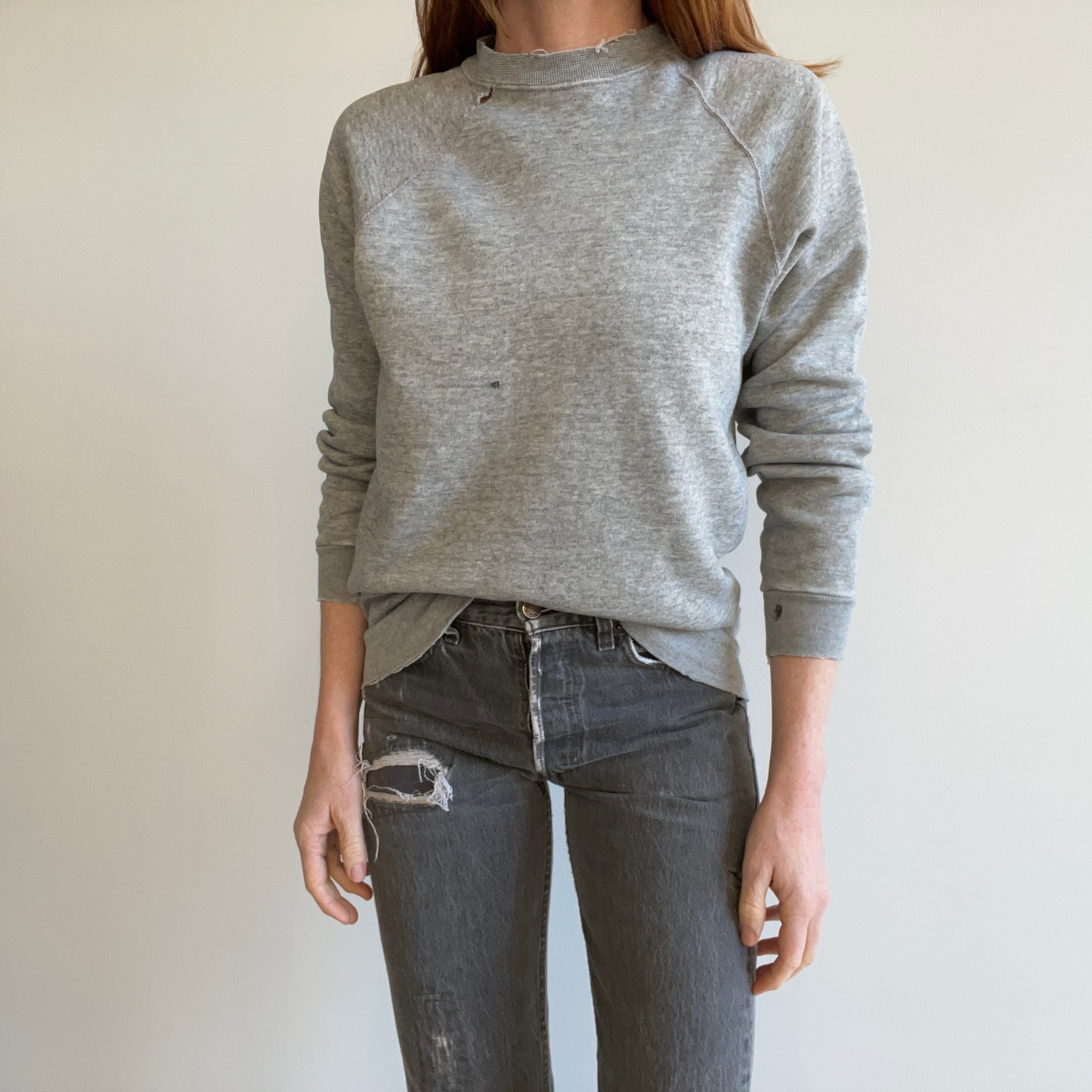 1980s Perfectly Tattered Split Collared Blank Gray Stained Sweatshirt