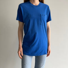 1980s Blank Dodger Blue Pocket T-Shirt by FOTL - Single Stitch