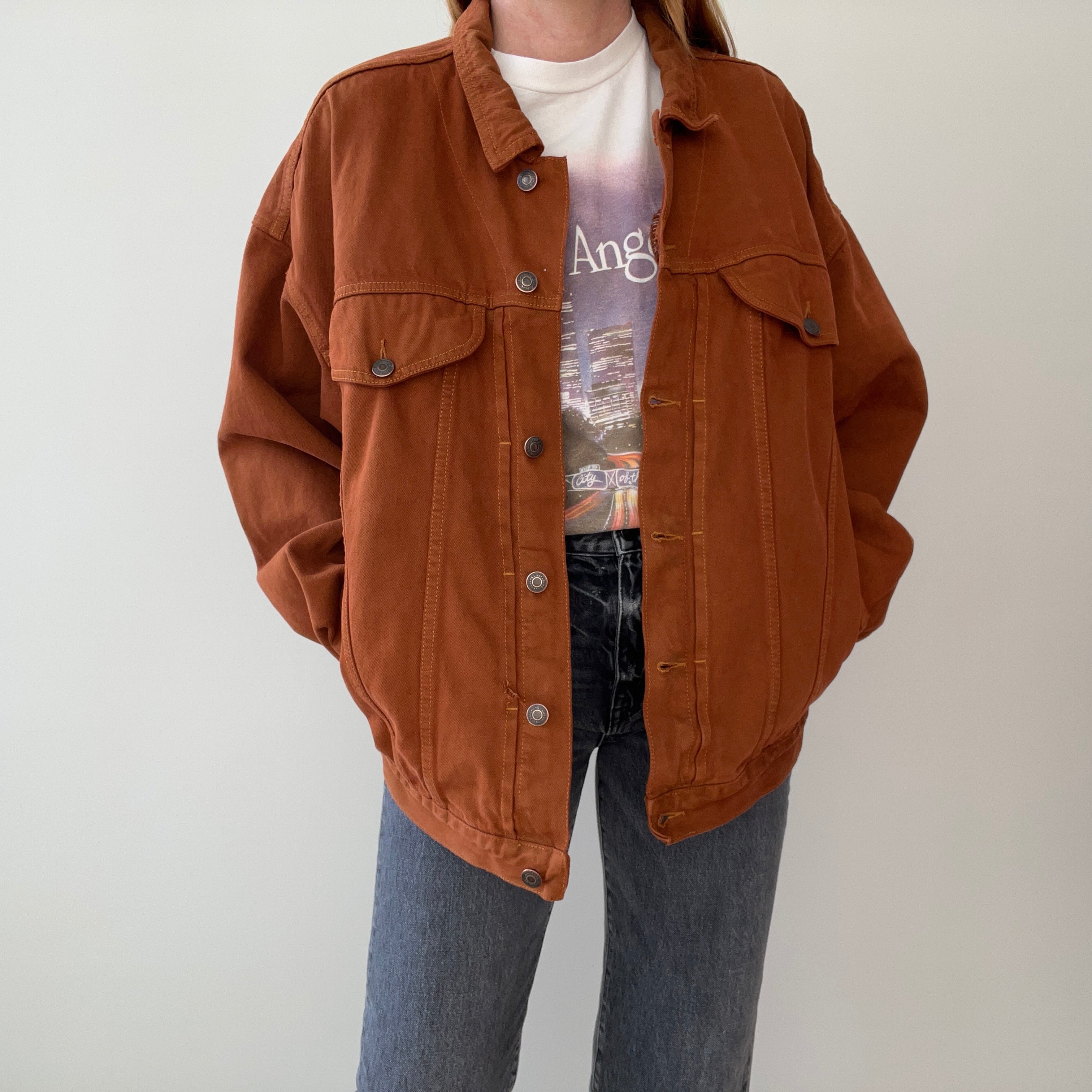 1990s Jordache Rusty Terracotta Over Dyed Jordache Denim Jean Jacket