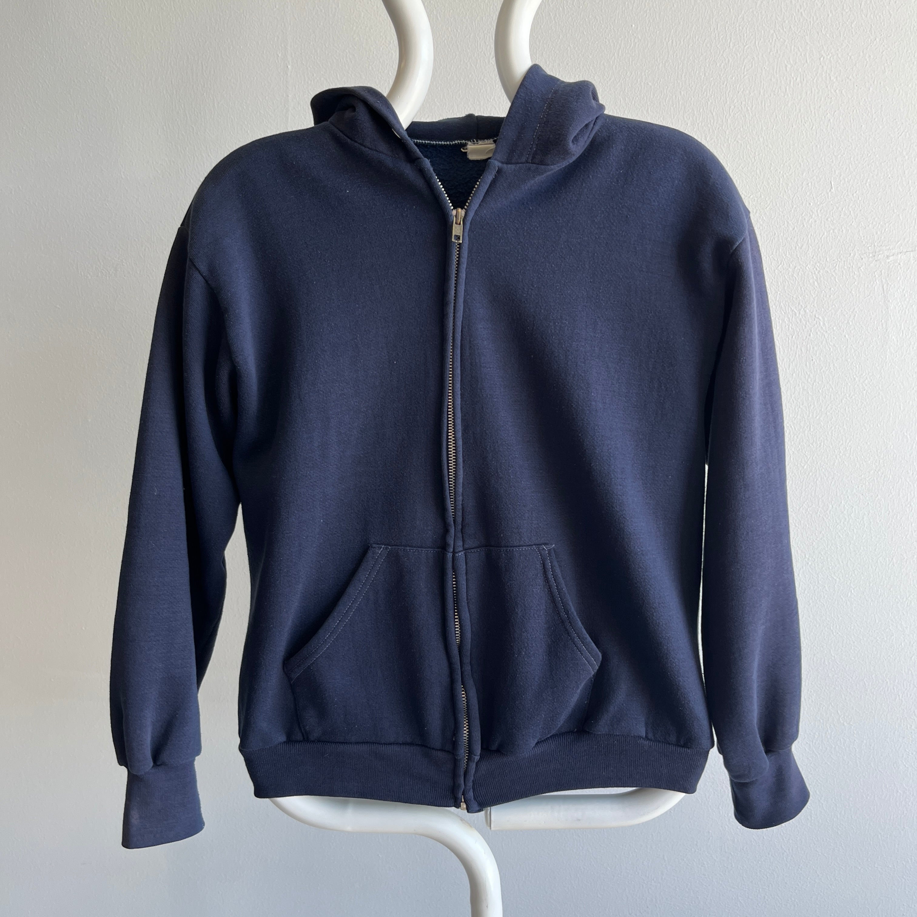 1970s Navy Hoodie with Contrast Stitching - Collectible