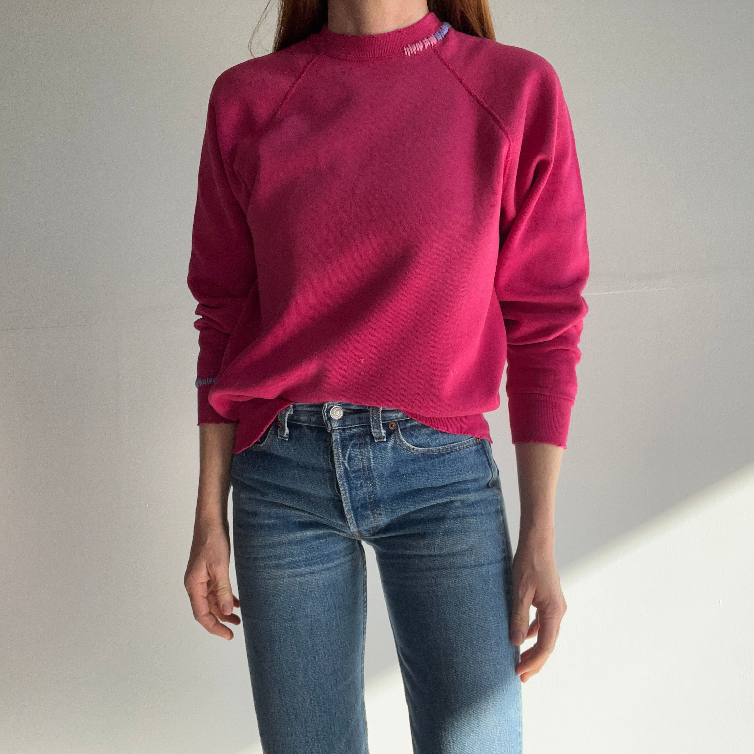 1980s DIY Hand Mended Tattered Hot Pink Sweatshirt