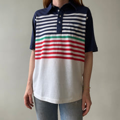 1990s Navy Striped Polo Style Shirt