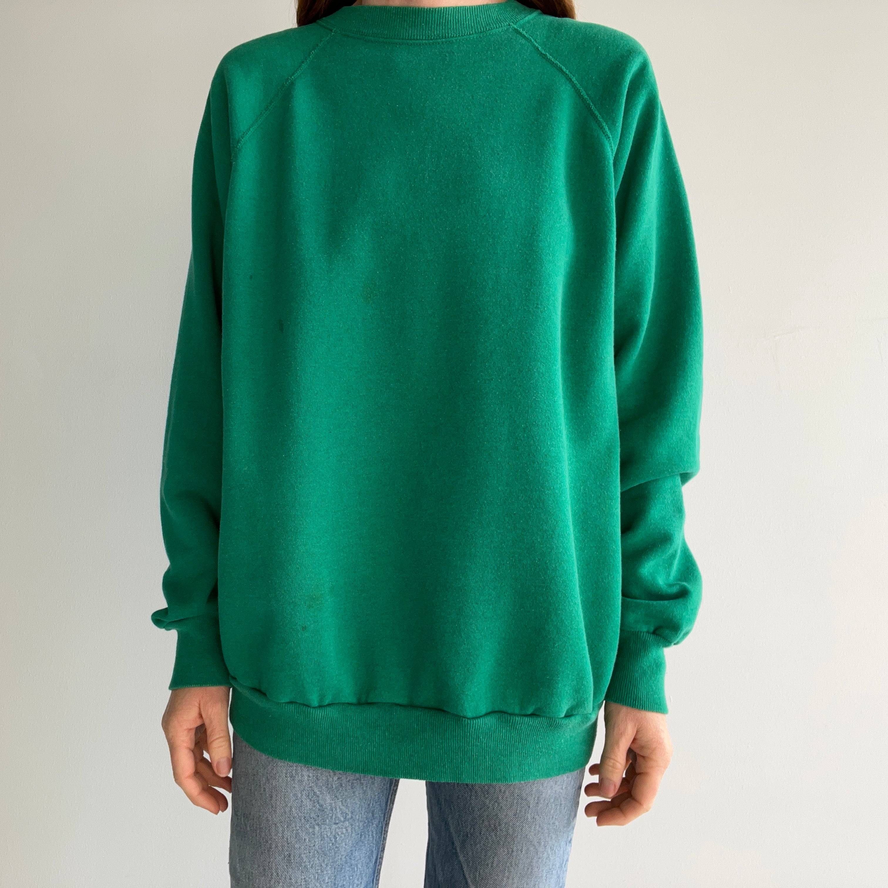 1980s Medium Weight Pannill Faded Kelly Green Sweatshirt with Staining