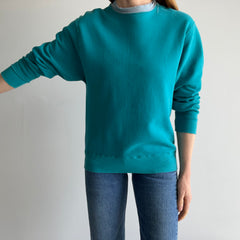 1980s Two Tone Heavy Weight Teal Sweatshirt with Completely Tattered Gray Collar - THIS