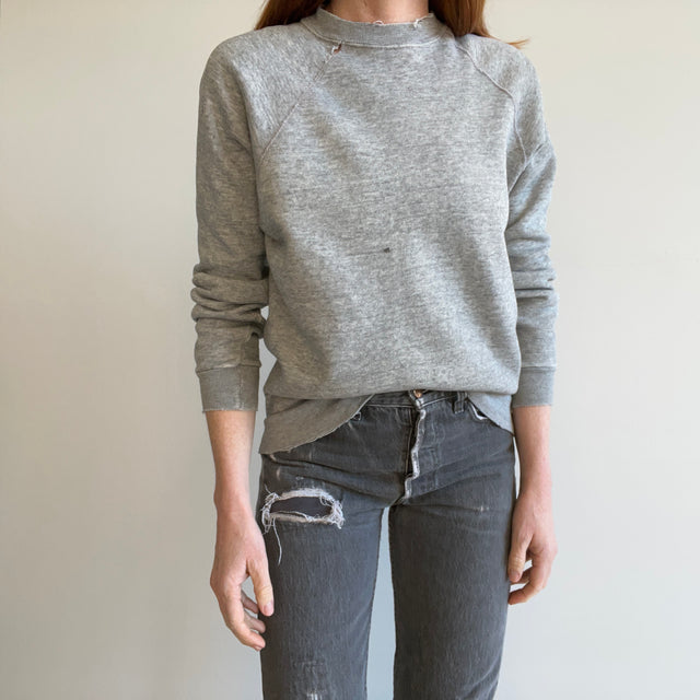 1980s Perfectly Tattered Split Collared Blank Gray Stained Sweatshirt