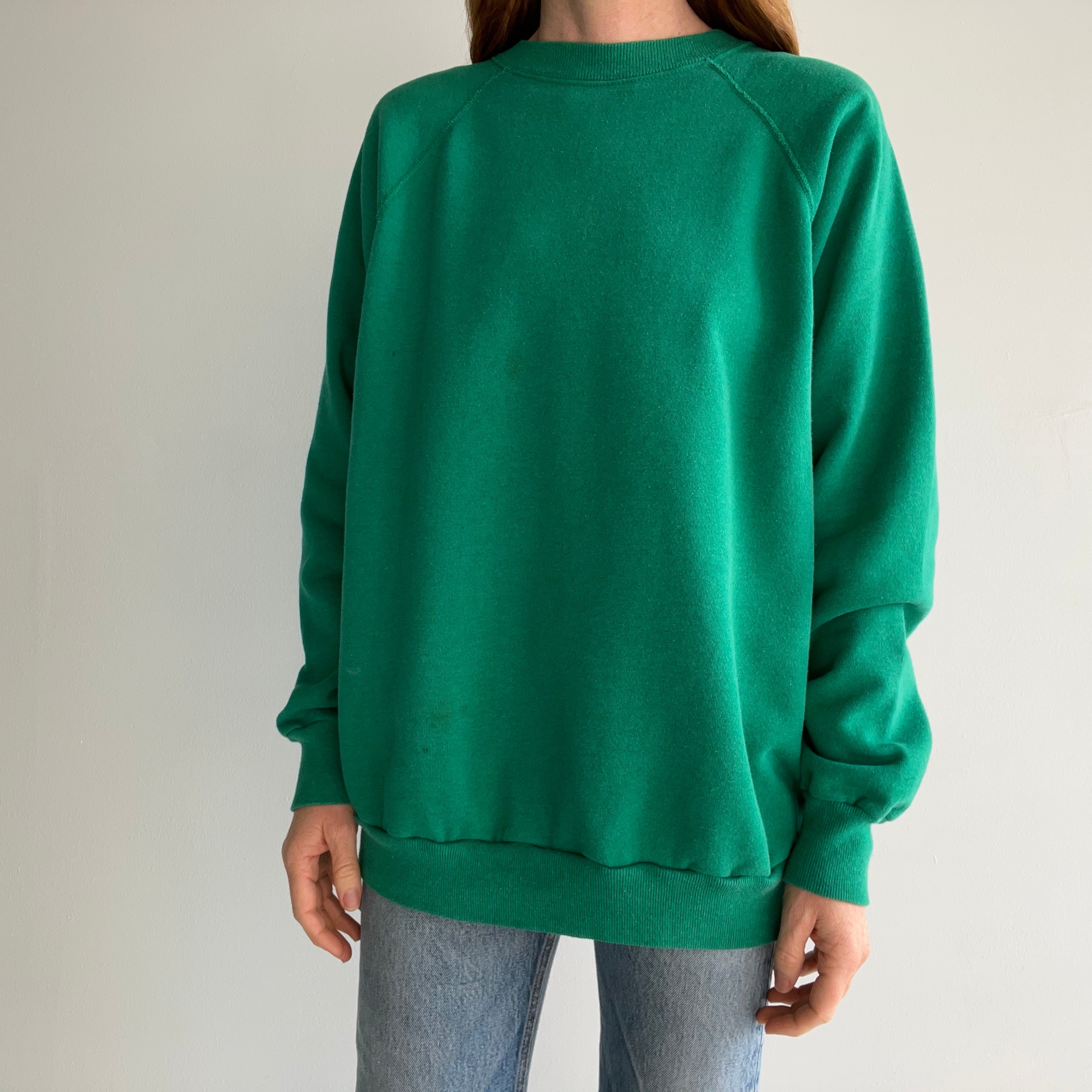 1980s Medium Weight Pannill Faded Kelly Green Sweatshirt with Staining