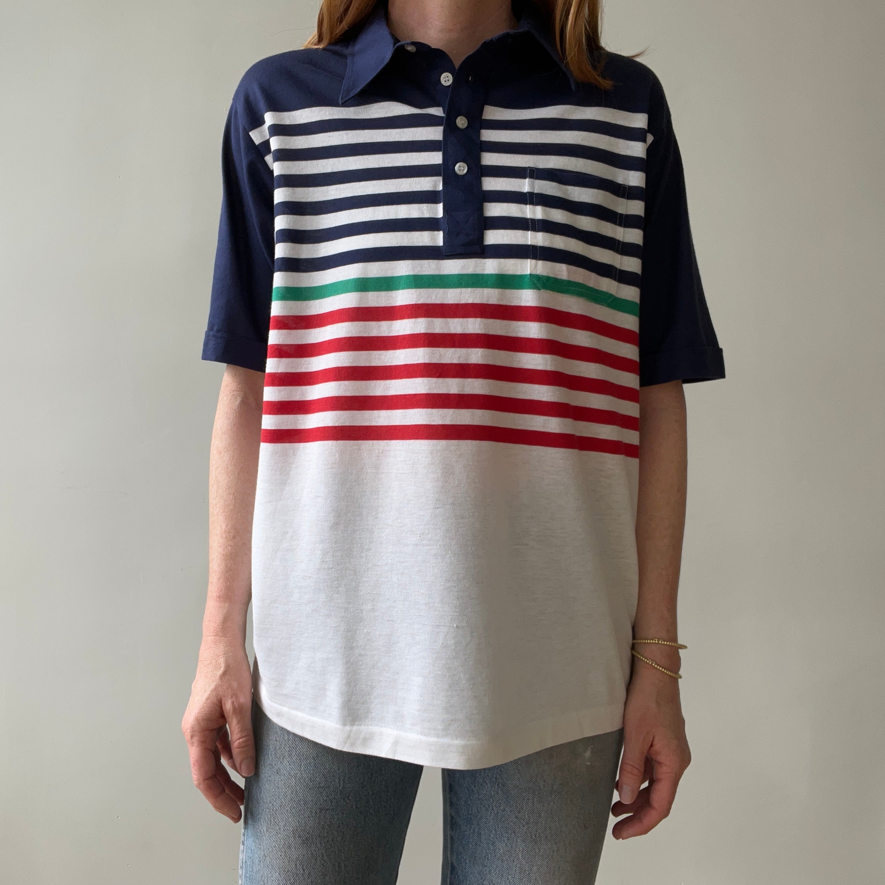 1990s Navy Striped Polo Style Shirt