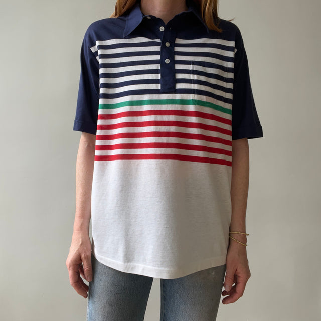 1990s Navy Striped Polo Style Shirt