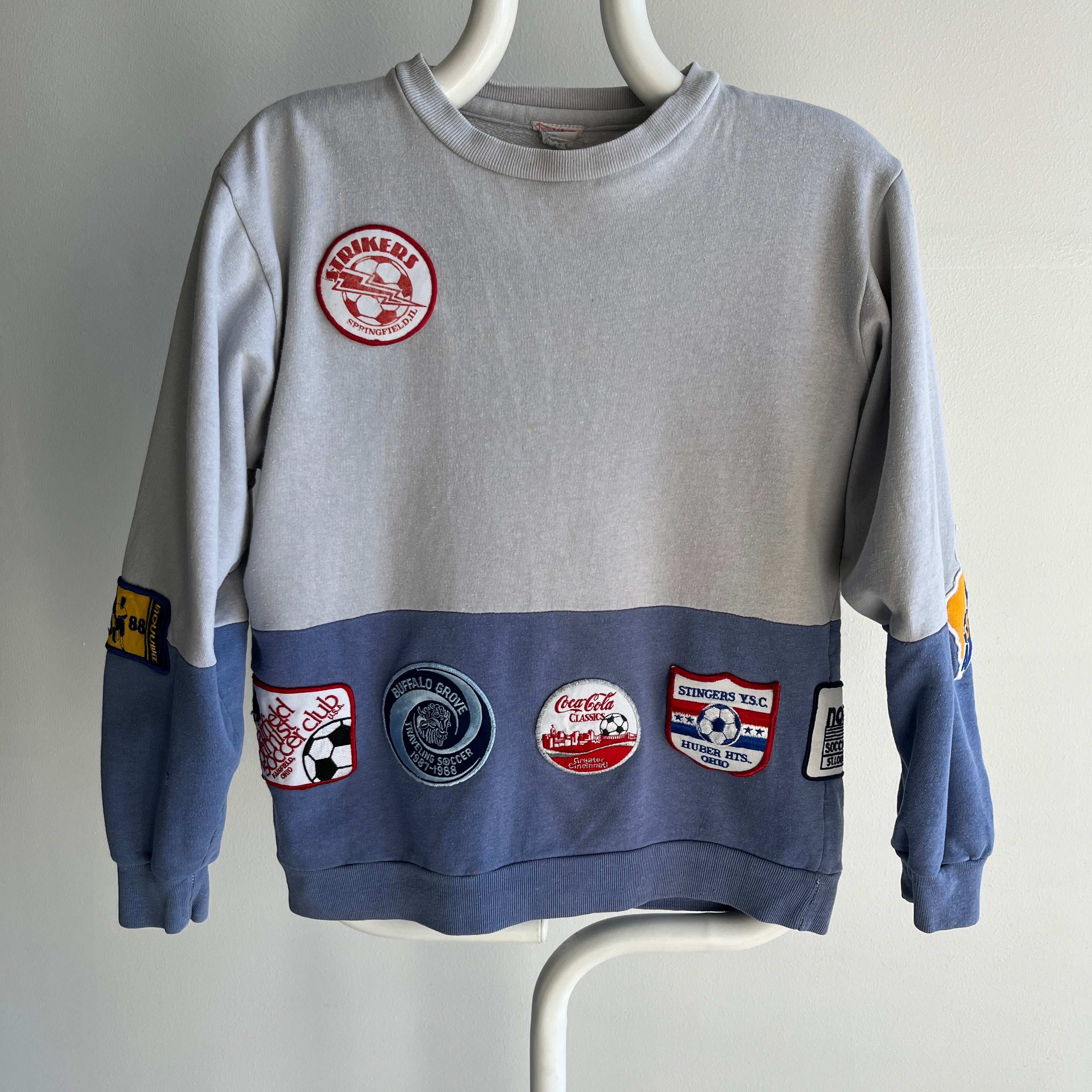 1988 (And Before) DIY Soccer and Other Patched Two Tone Color Block Mostly Cotton Sweatshirt