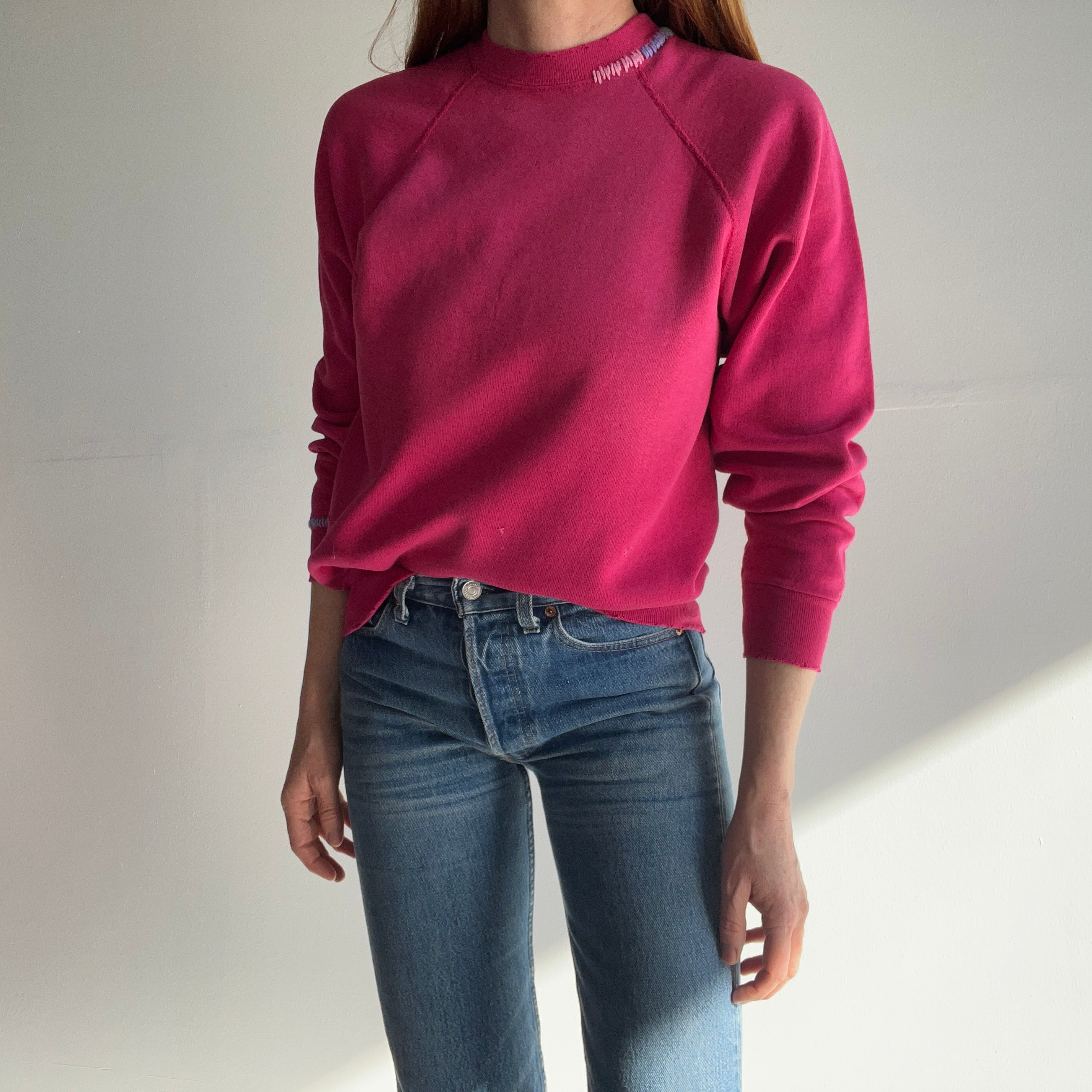 1980s DIY Hand Mended Tattered Hot Pink Sweatshirt