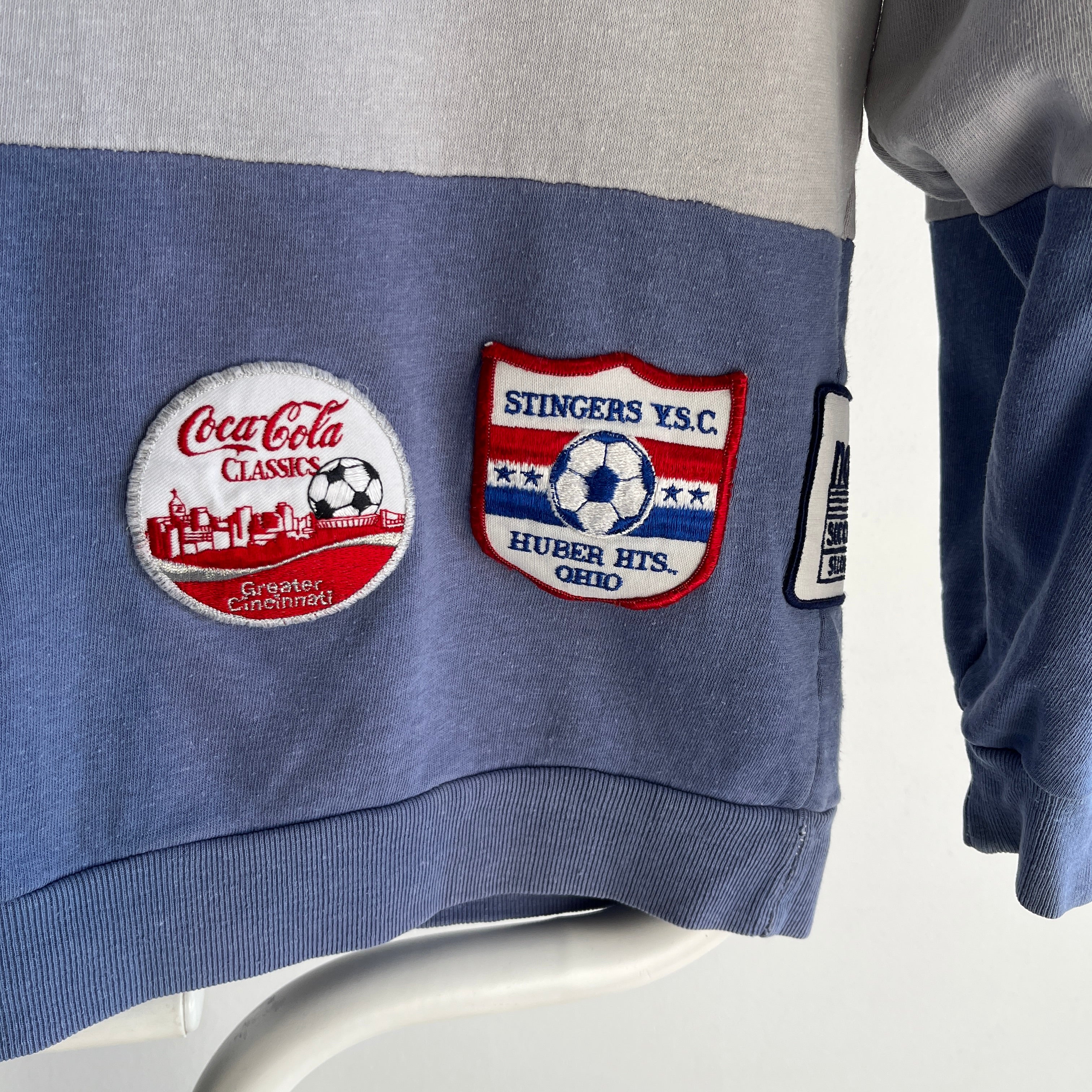 1988 (And Before) DIY Soccer and Other Patched Two Tone Color Block Mostly Cotton Sweatshirt