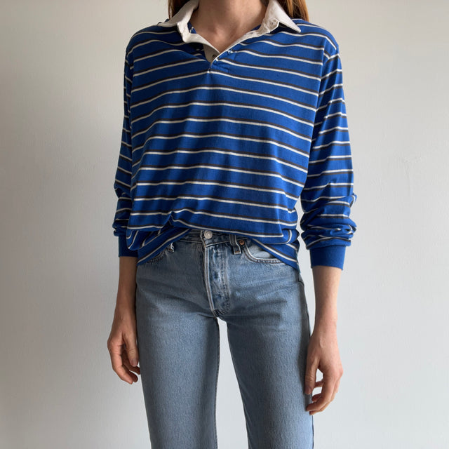 1980s Striped Long Sleeve Polo Shirt
