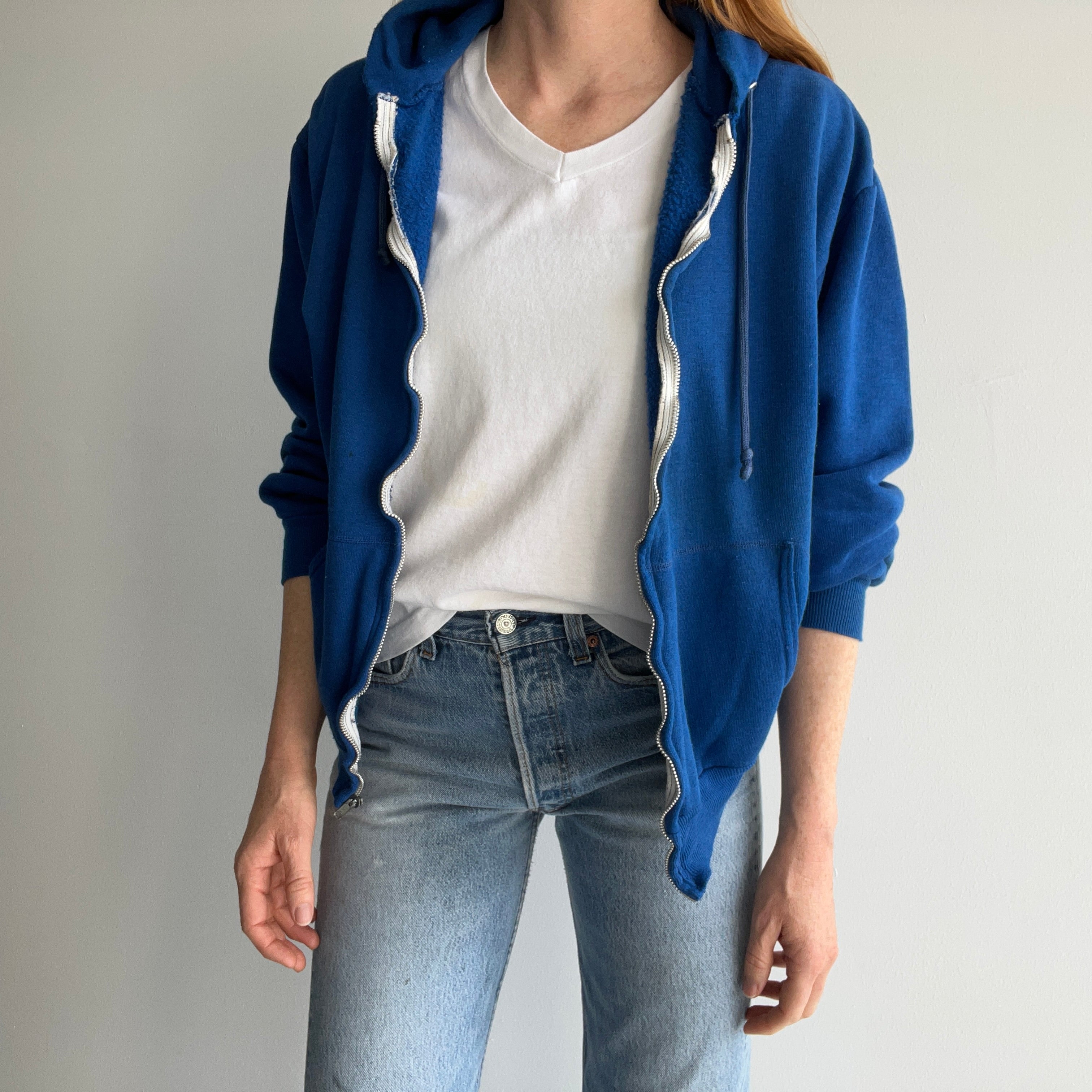 1980s Royal Blue Zip Up Hoodie with Rad Pockets