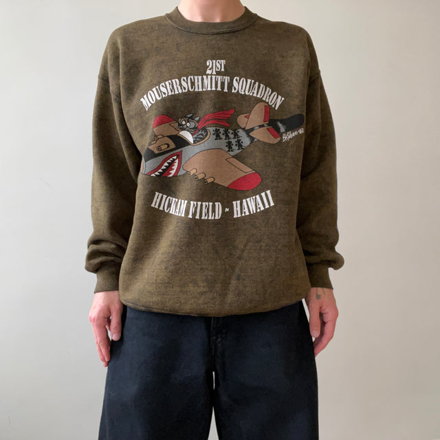 1990s Dark Green/Mustard Acid Wash Crazy Shirt Hawaii 21st Mouserschmitt Squadron Sweatshirt