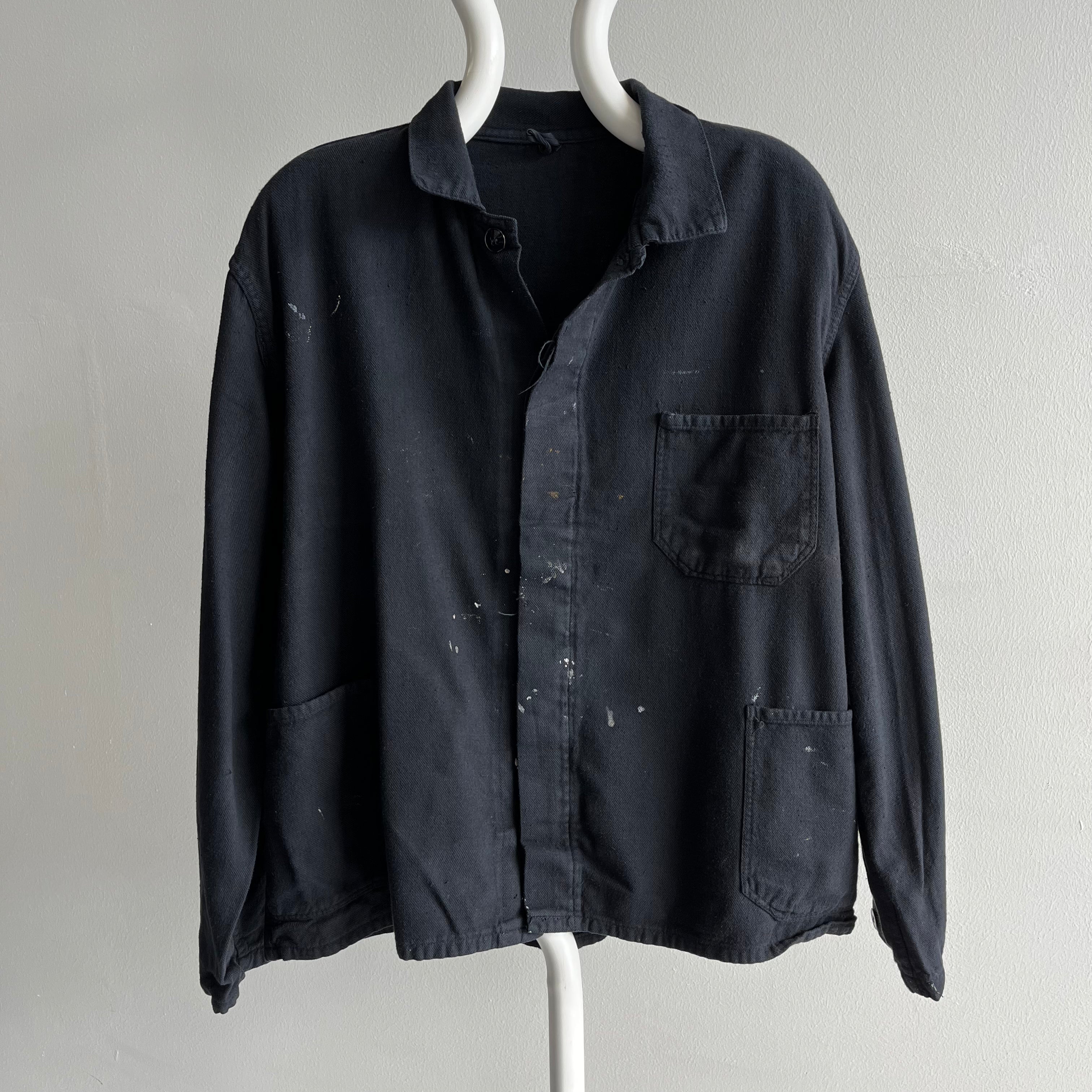 1970s Overdyed Black Paint Stained and Worn Cotton Chore Coat