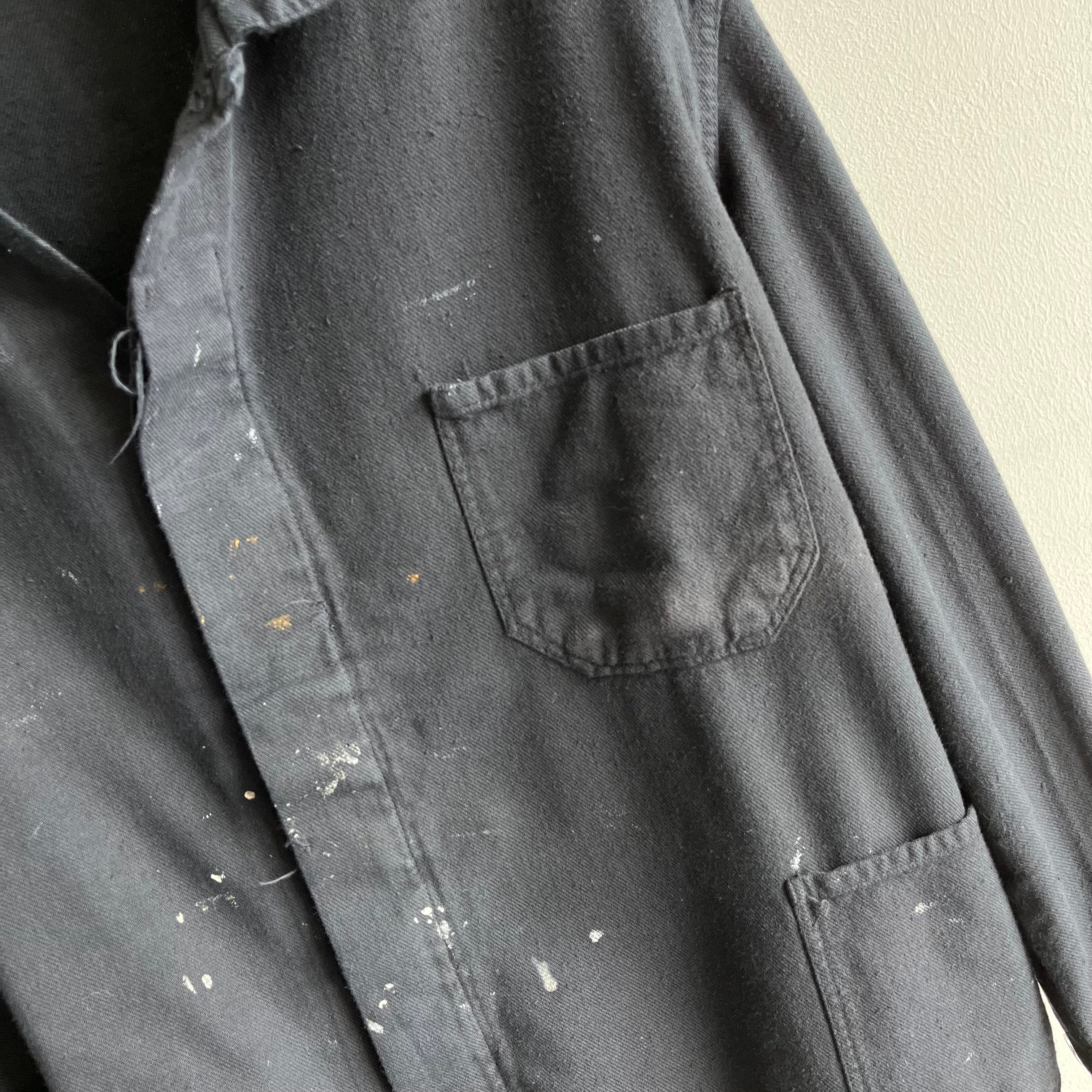 1970s Overdyed Black Paint Stained and Worn Cotton Chore Coat