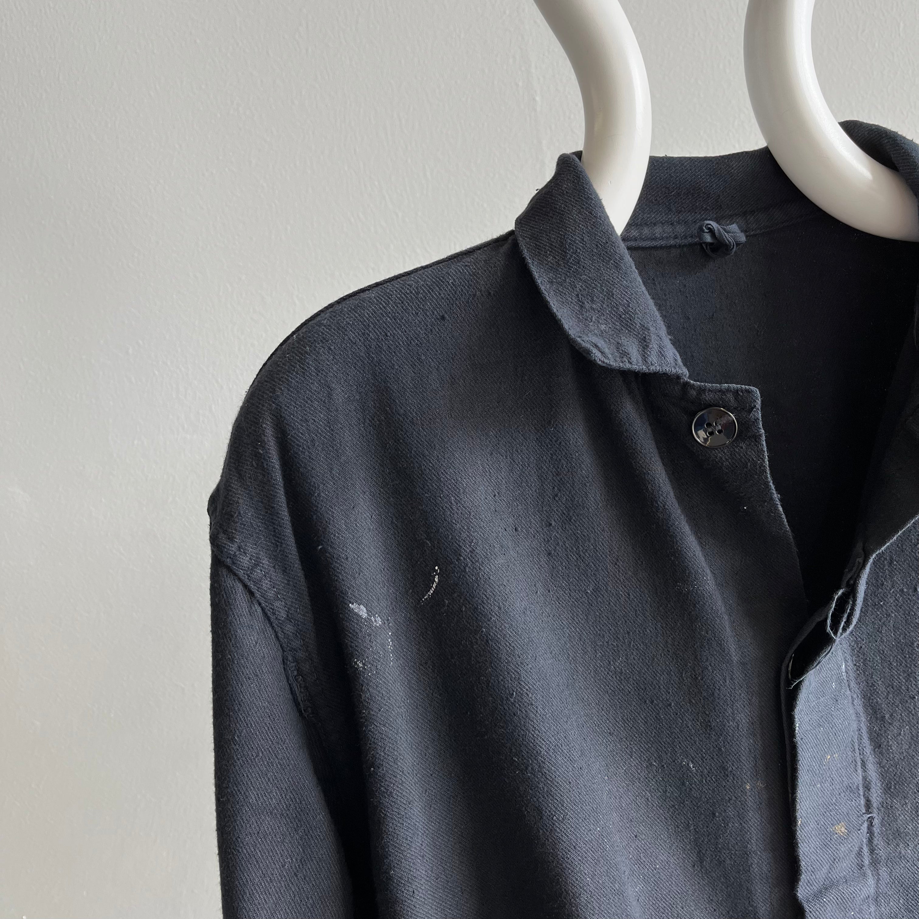1970s Overdyed Black Paint Stained and Worn Cotton Chore Coat