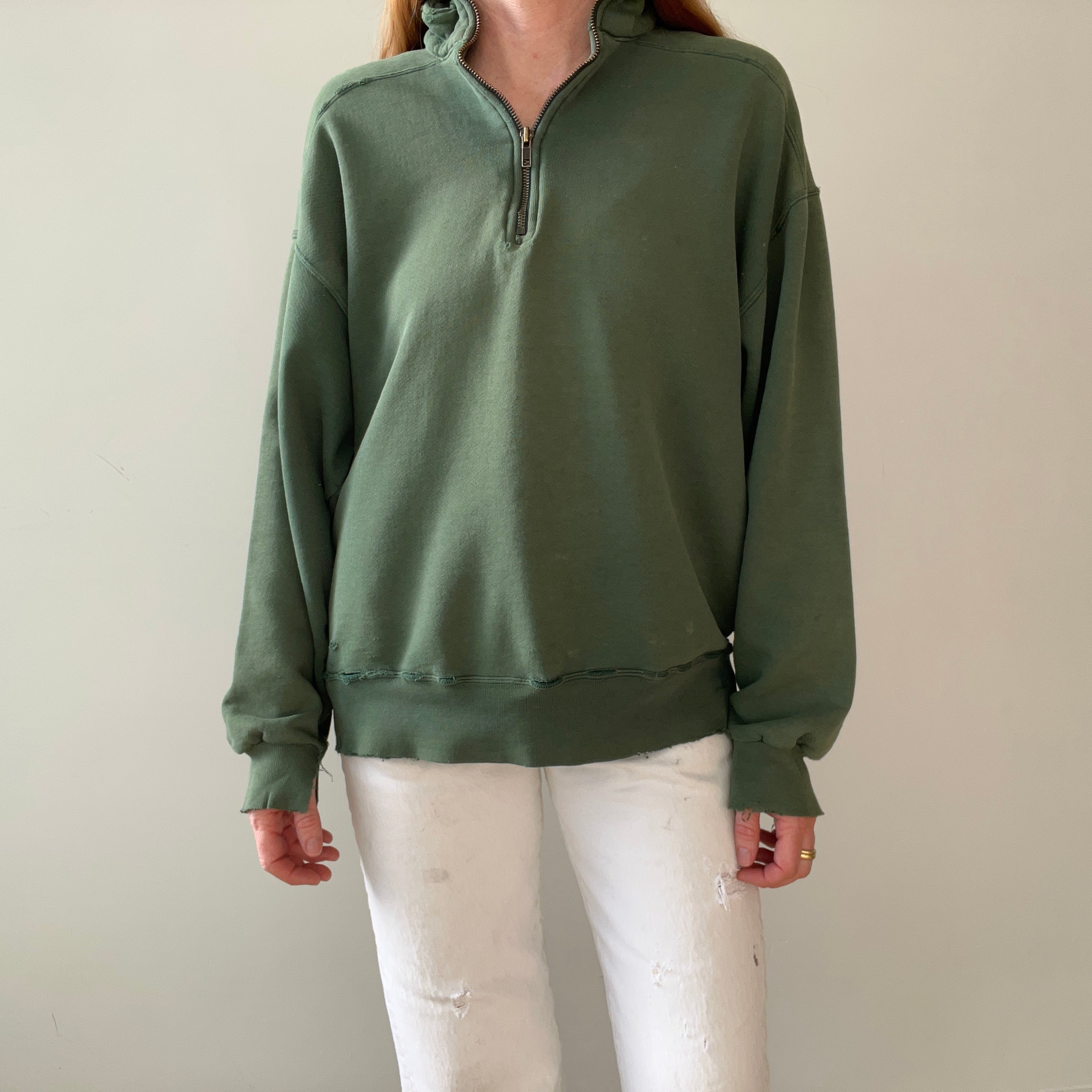 1980s Green Thrashed L.L. Bean Quarter Zip Sweatshirt