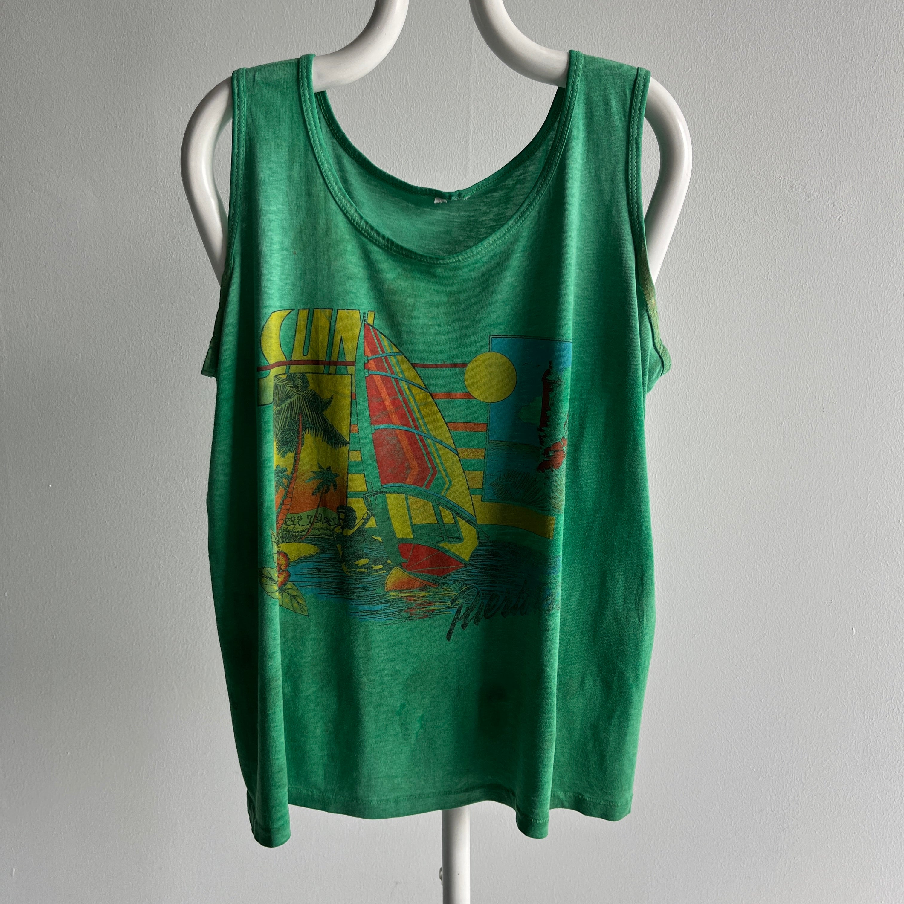 1980s Totally Thinned Out and Heavily Stained Puerto Rico Tank Top