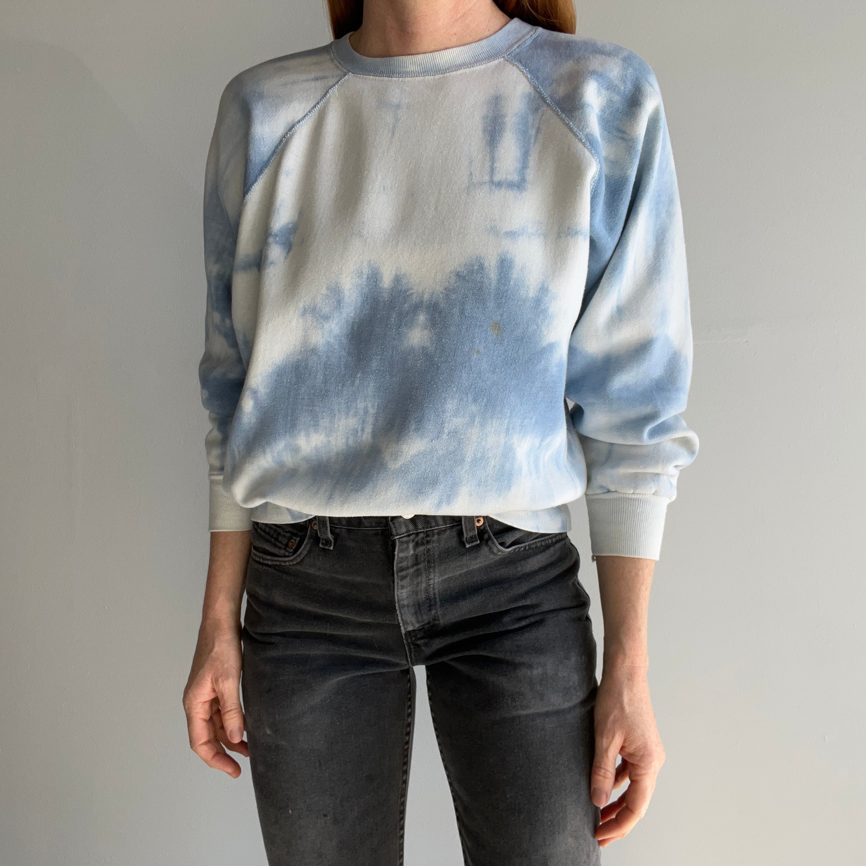 1970s Sky Blue Tie Dye Raglan - Mostly Cotton